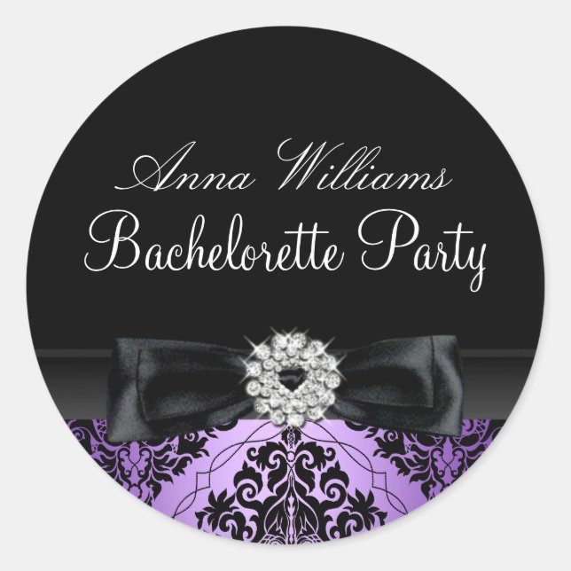 Pegatina del partido Bachelorette de Damask morado (Anverso)