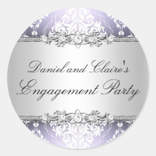 Pegatina del partido Purple Elegant Damask Engagem