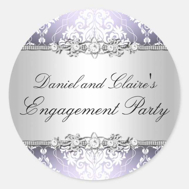 Pegatina del partido Purple Elegant Damask Engagem (Anverso)