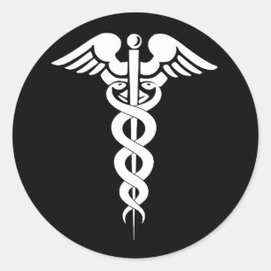 Pegatina del símbolo médico del Caduceo blanco y n