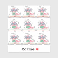 Pegatina del tema del gusano de biblioteca rosado