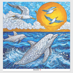 Pegatina Delfines y Gaviotas Naturaleza Oceánica