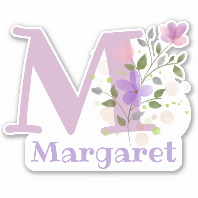 Pegatina Denominar a Margaret más inicial con diseño floral (Anverso)