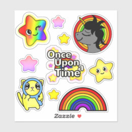 Pegatina Deseo unicornio con gato estrella y arcoiris
