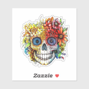 Pegatina Día de la Catrina Muerta Calavera con flores