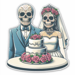 Pegatina Día de la muerte Art Skeleton Bride y Groom Boda