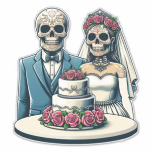 Pegatina Día de la muerte Art Skeleton Bride y Groom Boda