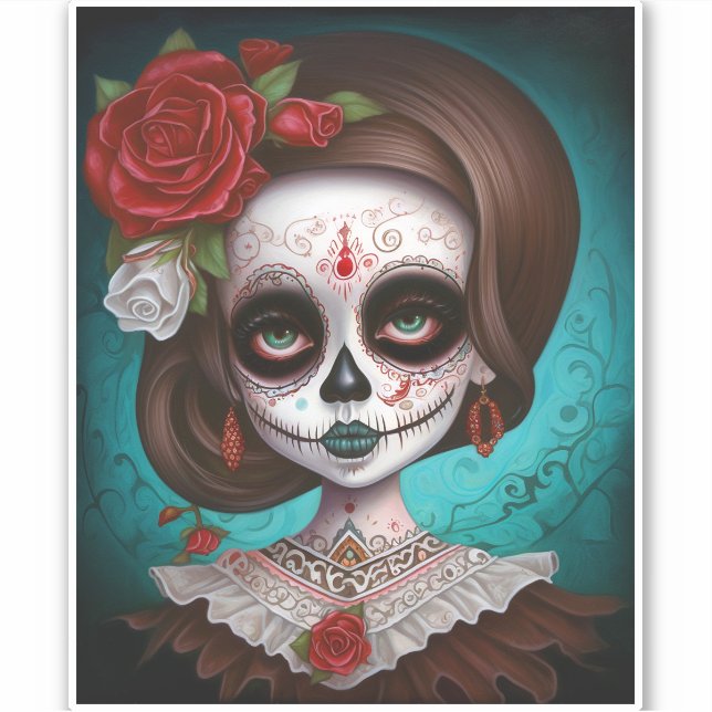 Pegatina Día De Los Muertos En El Chica De La Calavera Del  (Anverso)