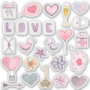 Pegatina Día de San Valentín de acuarela. Amor, corazones r
