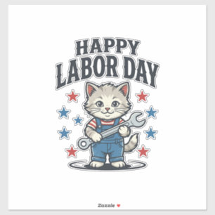 Pegatina Día Feliz del Trabajo Gato Trabajador Patriótico D