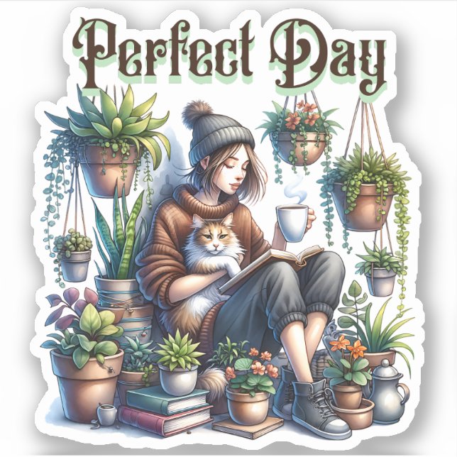 Pegatina Día perfecto | Lectura Chica con gatos y plantas (Anverso)