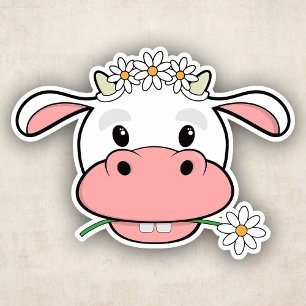 Pegatina Dibujo Animado de Vaca Monada Mordisqueando una Ma