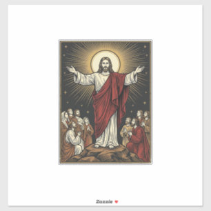 Pegatina Dibujo de Jesús Vintage Gloria Radiante Grabado Cr