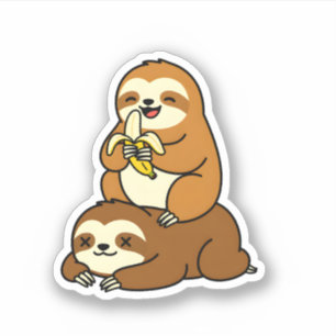 Pegatina Dibujo divertido de un perezoso lindo comiendo plá