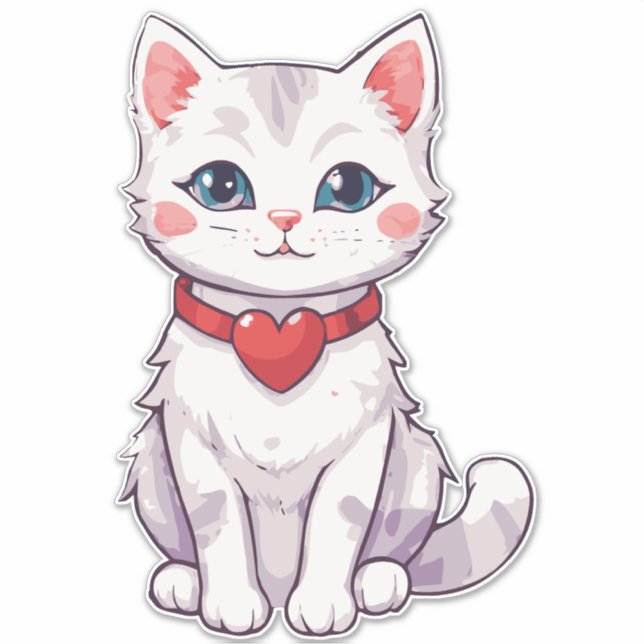 Pegatina Dibujo dulce de un gatito con collar de corazón. (Anverso)