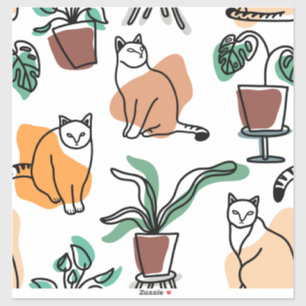 Pegatina Dibujo en línea de gatos y flores