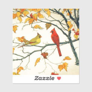 Pegatina Dibujo japonés vintage, cardenales en una rama