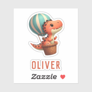 Pegatina Dino lindo volando en globo de aire caliente