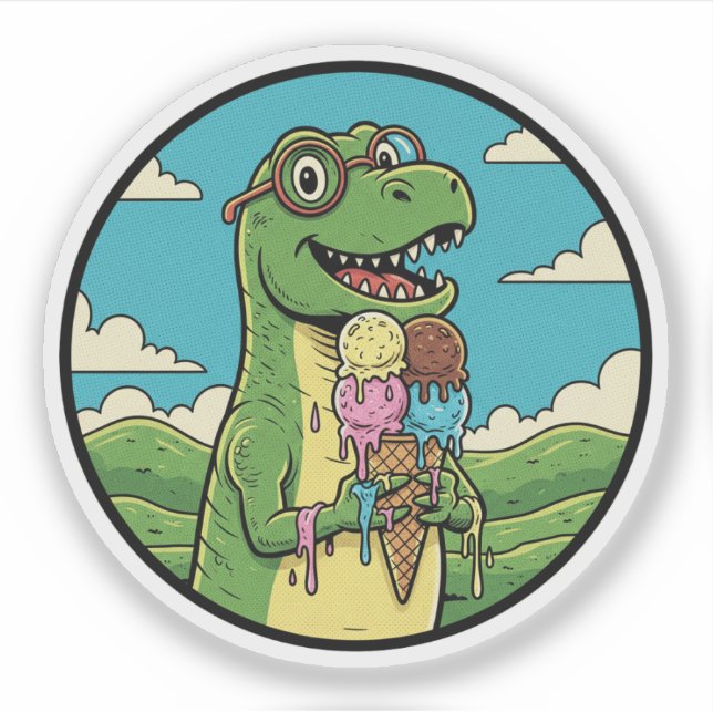 Pegatina Dinosaur Comiendo Helado Dulce Manjar Prehistórico (Anverso)