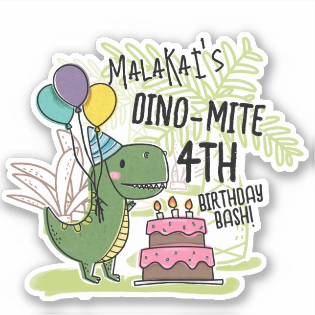 Pegatina Dinosaurio de la fiesta de cumpleaños del niño Din (Anverso)