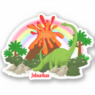 Pegatina Dinosaurio fantasía isla volcán arco iris nombre D