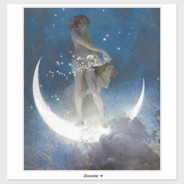 Pegatina Diosa Luna en la noche esparciendo estrellas (Hoja)