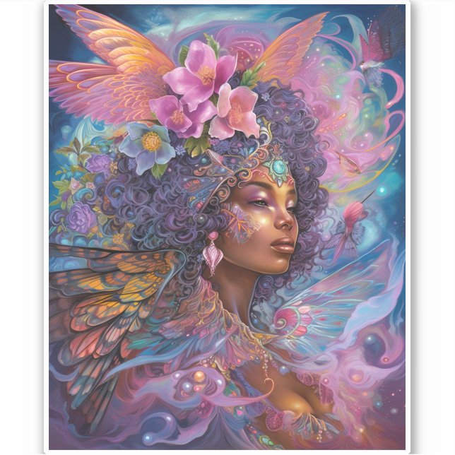 Pegatina Diosa negra afroamericana reina fantasía arte S (Anverso)
