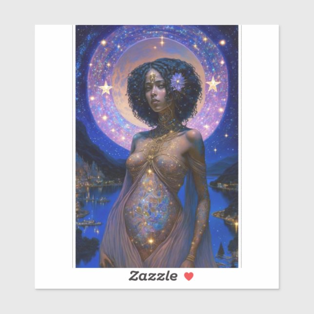 Pegatina Diosa negra afroamericana reina fantasía arte S (Hoja)