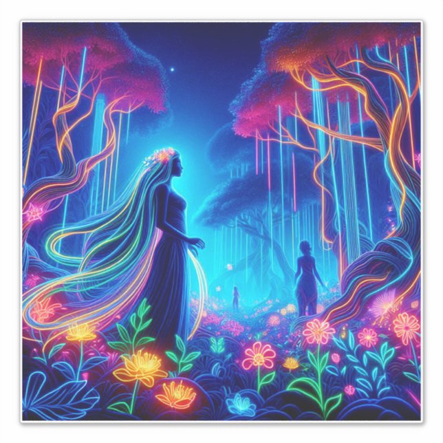 Pegatina Diosa Neon Forest Of Light Fantasy arte de cuento  (Anverso)