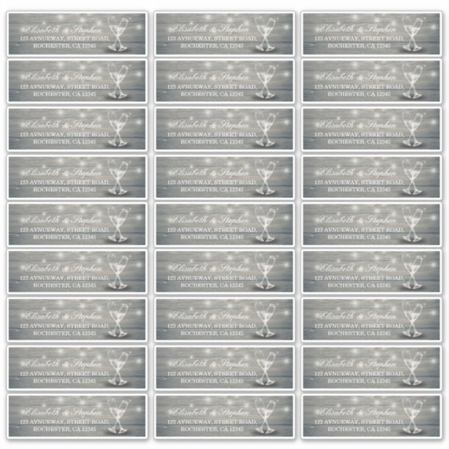 Pegatina Dirección boda Champagne Glass Wood String Lights (Anverso)