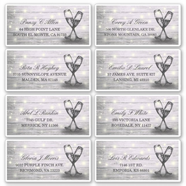 Pegatina Dirección boda Champagne Glass Wood String Lights (Anverso)