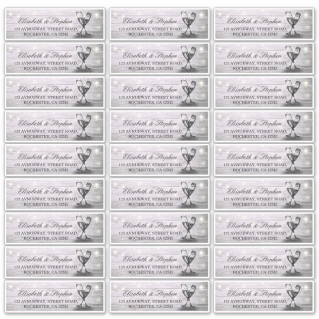 Pegatina Dirección boda Champagne Glass Wood String Lights (Anverso)