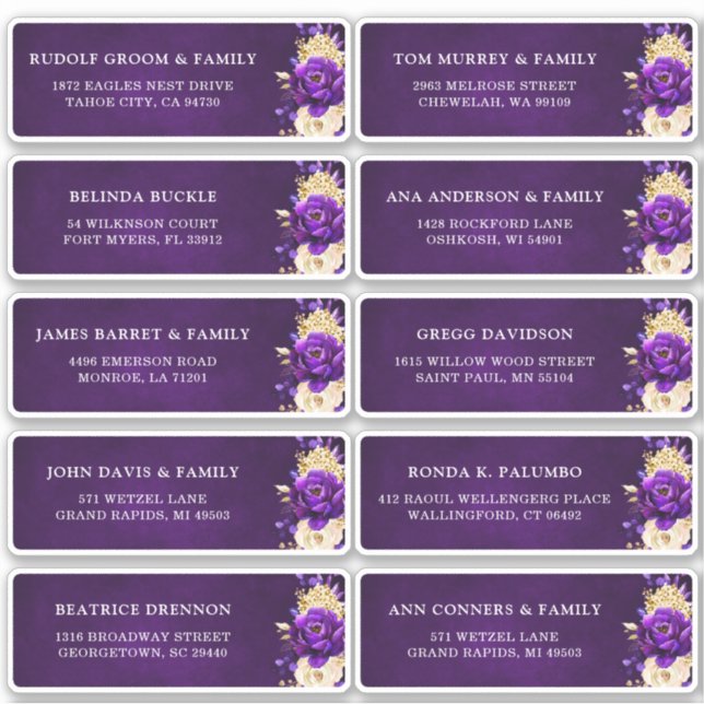 Pegatina Dirección de invitado del Boda floral Royal Purple (Anverso)