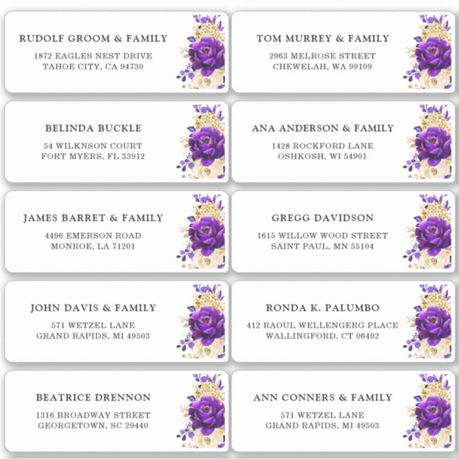Pegatina Dirección de invitado del Boda floral Royal Purple (Anverso)