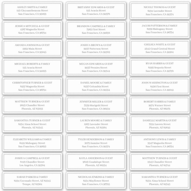 Pegatina Dirección de nombres de invitados clásicos de Boda (Anverso)