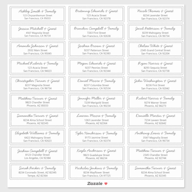Pegatina Dirección de nombres de invitados de Boda de scrip (Hoja)
