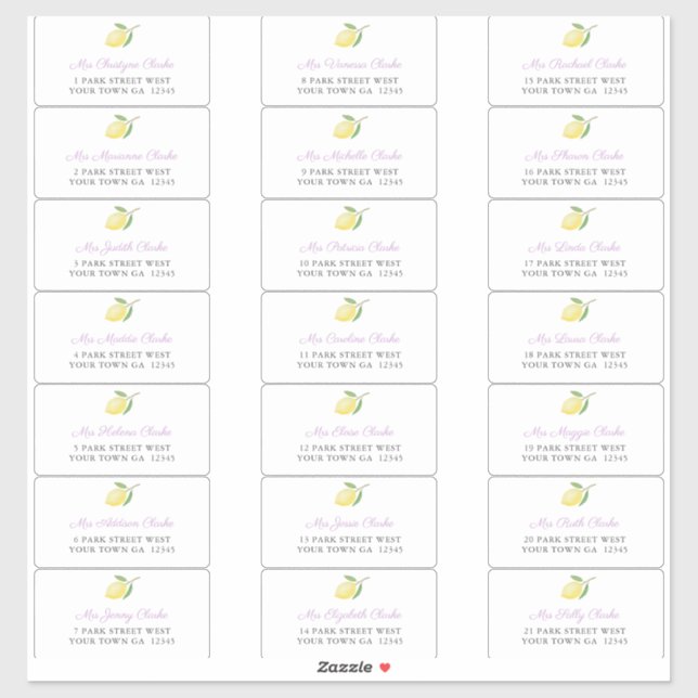 Pegatina Dirección de sobres para invitados Lemons Lavender (Hoja)