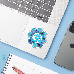 Pegatina Diseño azul ohm mandala con mariposas púrpura