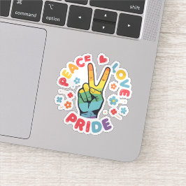 Pegatina Diseño colorido con mano de paz, amor y orgullo
