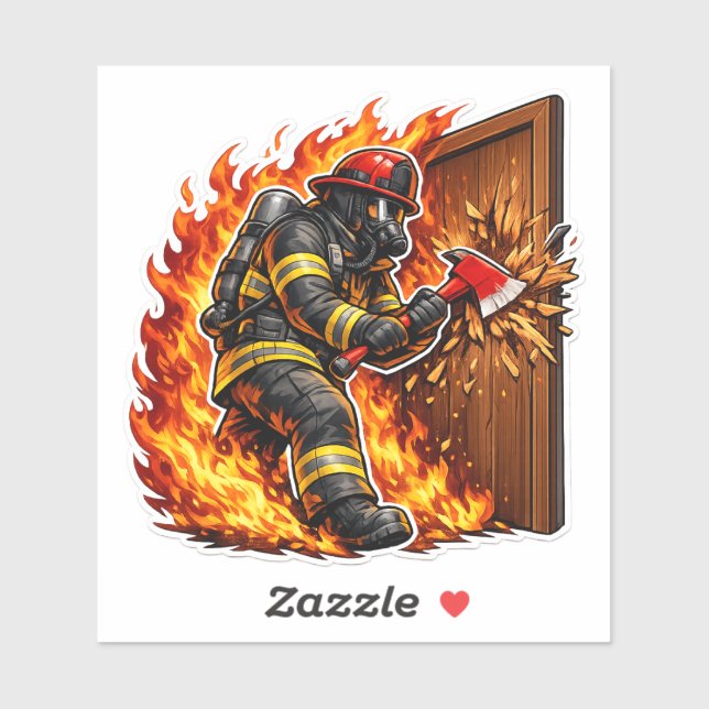 Pegatina Diseño de Bombero Rompiendo Puerta (Hoja)