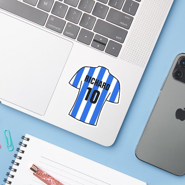 Pegatina Diseño de camisas de fútbol en franjas azul y blan (Ordenado portátil con iPhone)