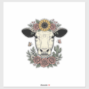 Pegatina diseño de grabado vintage de cabeza de vaca floral