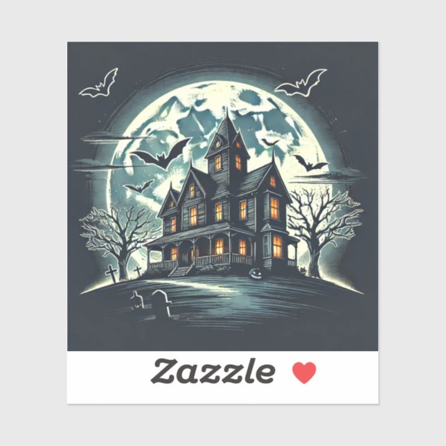Pegatina Diseño de Halloween con una casa embrujada temible (Hoja)