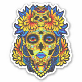 Pegatina Diseño de Ilustracion de cráneo de azucar artístic