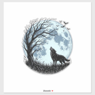 Pegatina Diseño de silueta de árbol de luna aullando lobo v