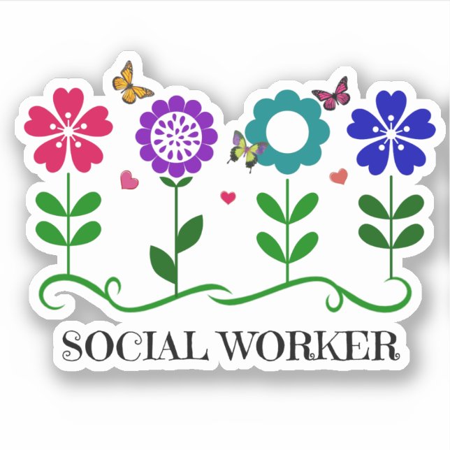 Pegatina Diseño de trabajadores sociales, flores y mariposa (Anverso)