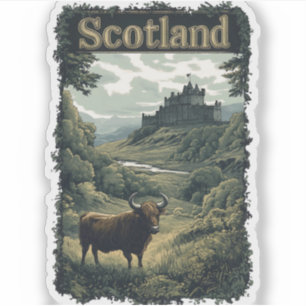 Pegatina Diseño escocés: Vaca Highland, castillo y paisaje