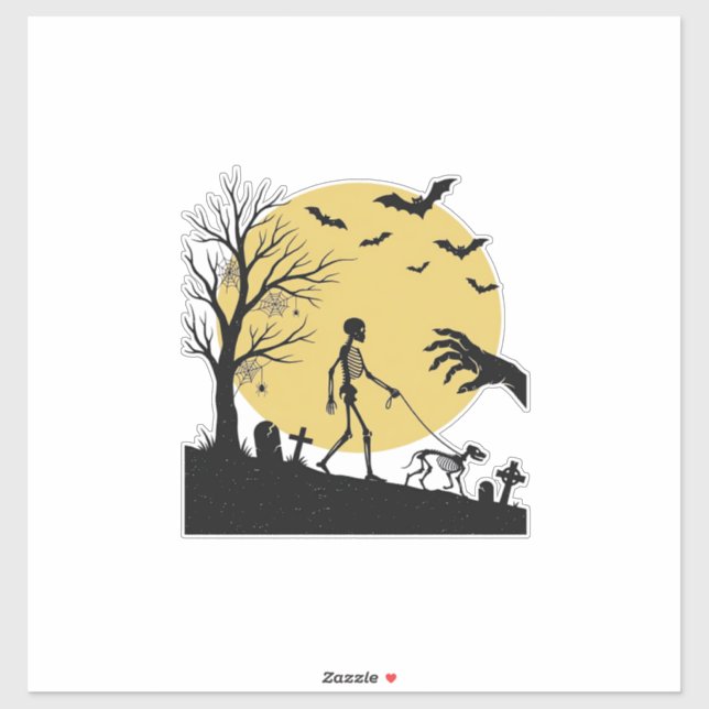 Pegatina Diseño vectorial de perro esqueleto luna Halloween (Hoja)
