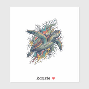 Pegatina Diseño Vectorial de Tortuga Marina Splash Grabado