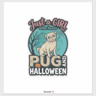 Pegatina Diseño vectorial vintage de niña pug Halloween_1
